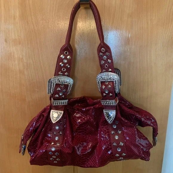 Beautiful red alligator look purse with metal and stones and studs. - Picture 1 of 6